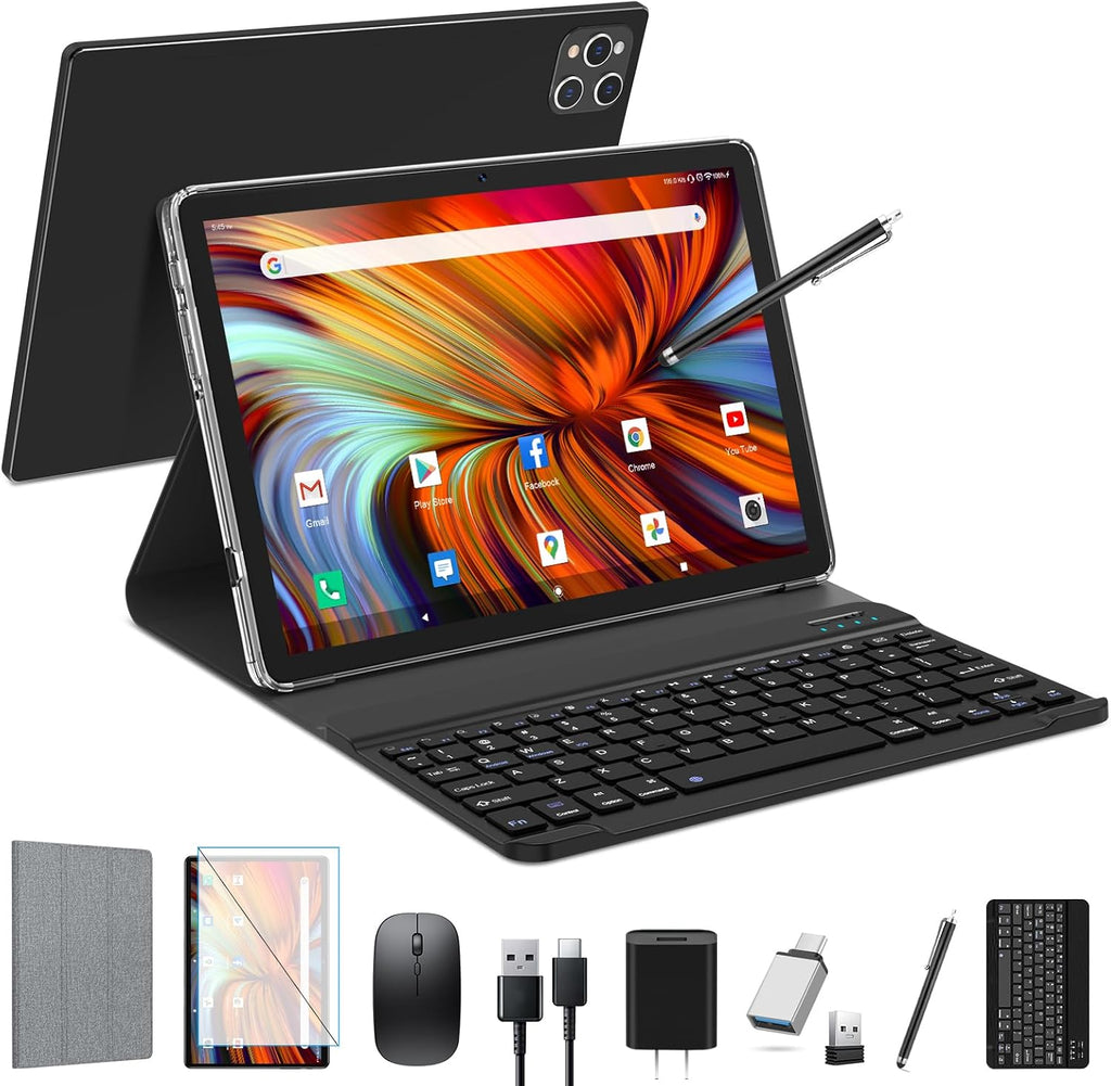 EITOMIN Android Tablet 2026 Latest 10 inch Tablet with Keyboard,128GB ROM 16GB RAM TF1TB Expand,Octa-Core,5GWiFi,1080FHD,13MP+8MPCamera,Bluetooth5.0,GPS,Mouse,Case,Black