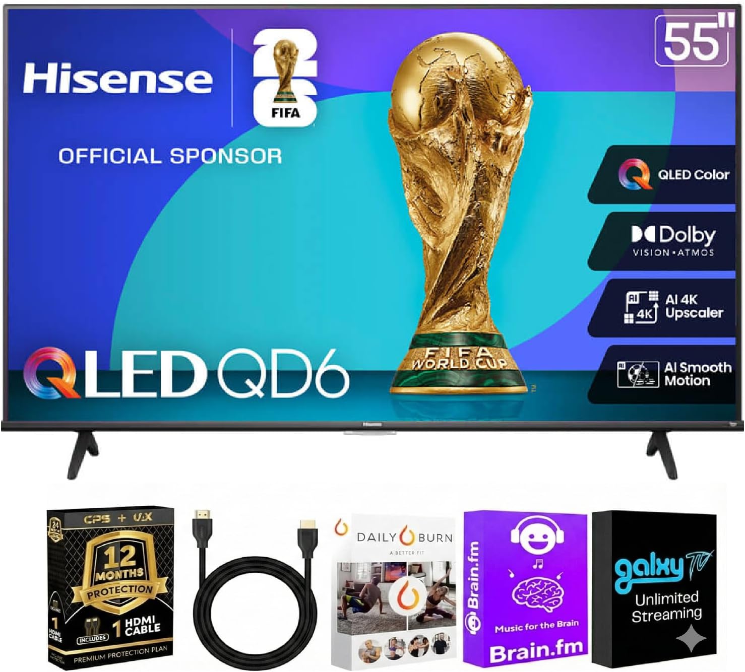 Hisense 55 Inch Class QD6 Series 4K QLED Smart Fire TV – Dolby Vision – HDR10 – 60Hz – Wi-Fi – Voice Remote – HDMI Cable + 12 Month CPS Warranty + Streaming Bundle (55.0, Inches)