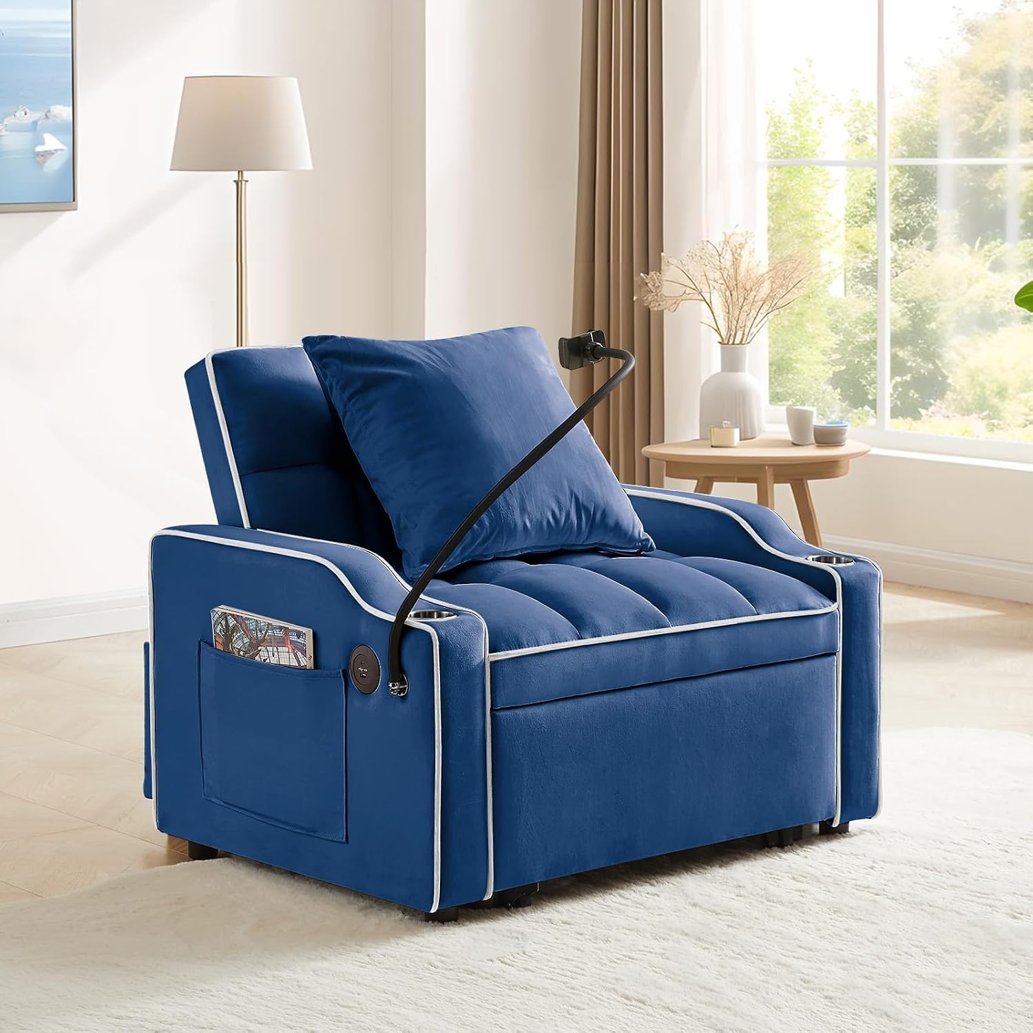 Convertible Single Sleeper Chair Bed,3 in 1 Velvet Futon Sleeper Sofa Bed with USB Ports & Phone Holder,Pull Out Couch Bed,Adjustable Recliner Armchair bed for Living Room,Office,Small Places(Blue)