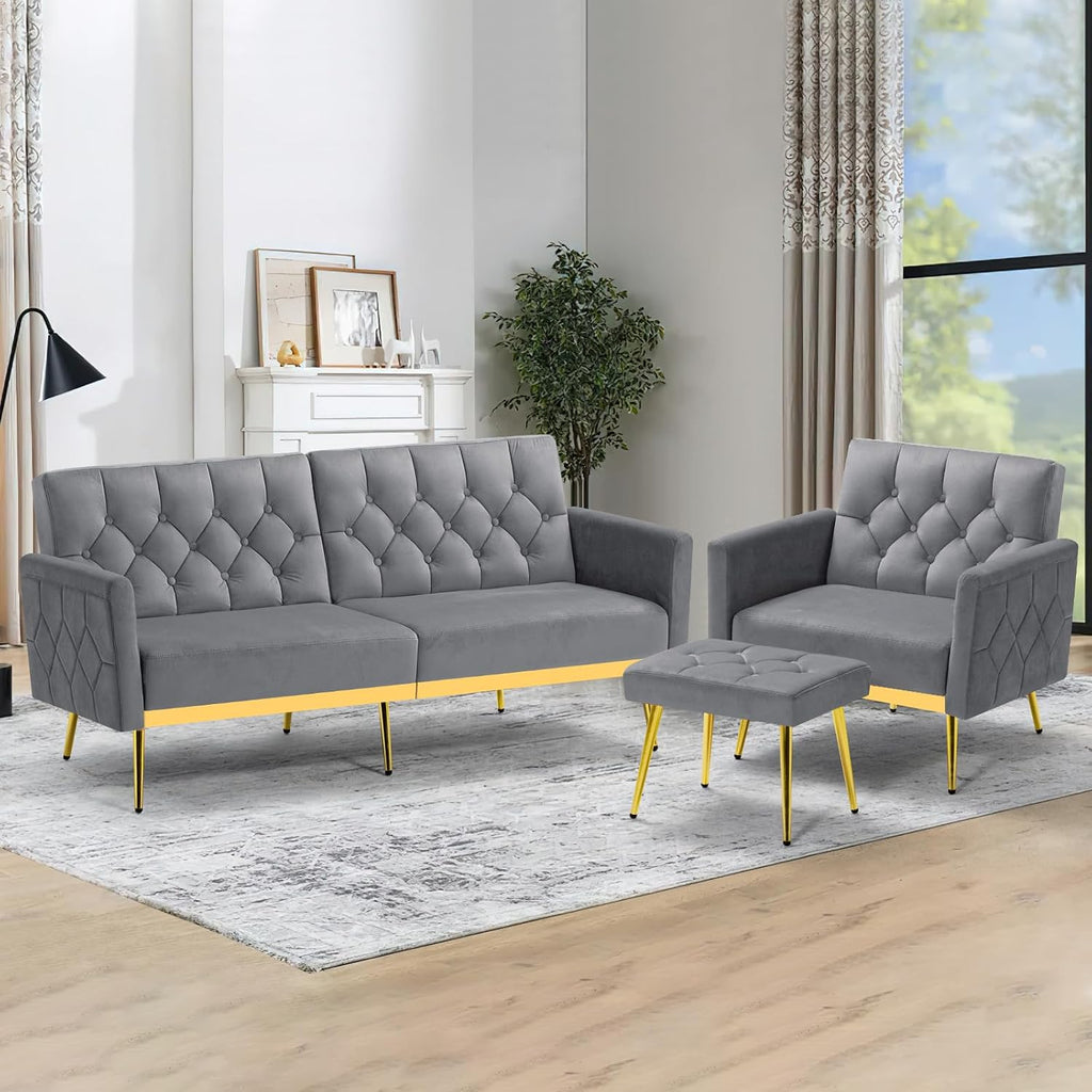 2 Pieces Velvet Sofa Set w/Adjustable Armrests and Backrests, Tufted Accent Chair w/Ottoman, Convertible Futon Sofa Bed for Bedroom, Living Room, Apartment, Grey