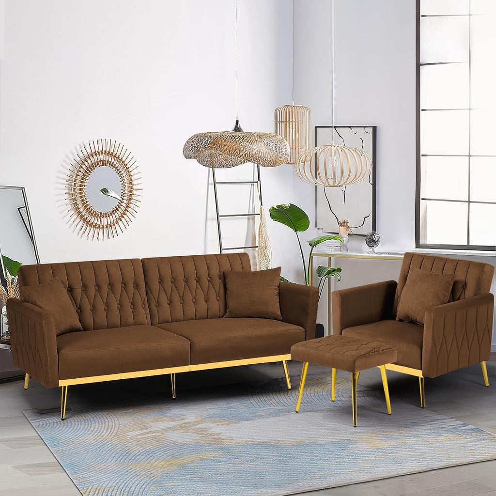 2 Pieces Velvet Sofa Set with Adjustable Armrest and Backrest, 70' Convertible Futon Sofa Bed & Mordern Accent Chair with Ottoman for Living Room, Bedroom, Brown