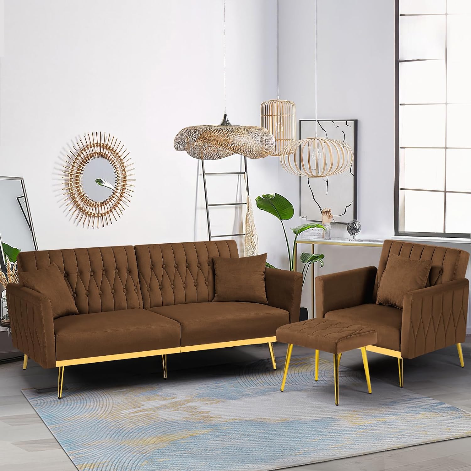 2 Pieces Velvet Sofa Set with Adjustable Armrest and Backrest, 70' Convertible Futon Sofa Bed & Mordern Accent Chair with Ottoman for Living Room, Bedroom, Brown
