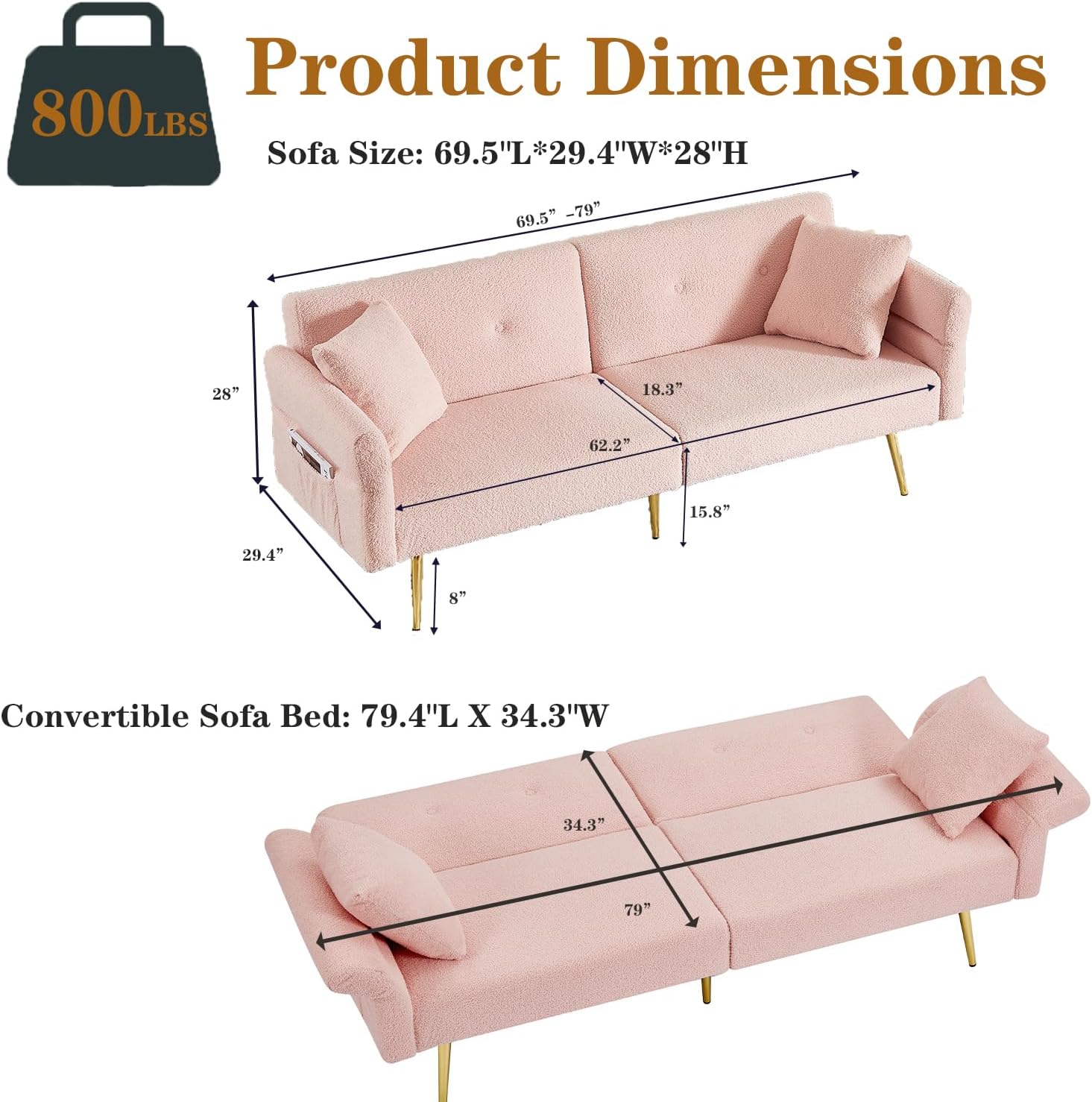 69.5'Pink Convertible Futon Sofa Bed with Adjustable Backrest and Armrests, Teddy Upholstered Loveseat Sleeper Couch with 2 Pillows and Metal Legs Love Seat for Guest Room Living Room (Pink)