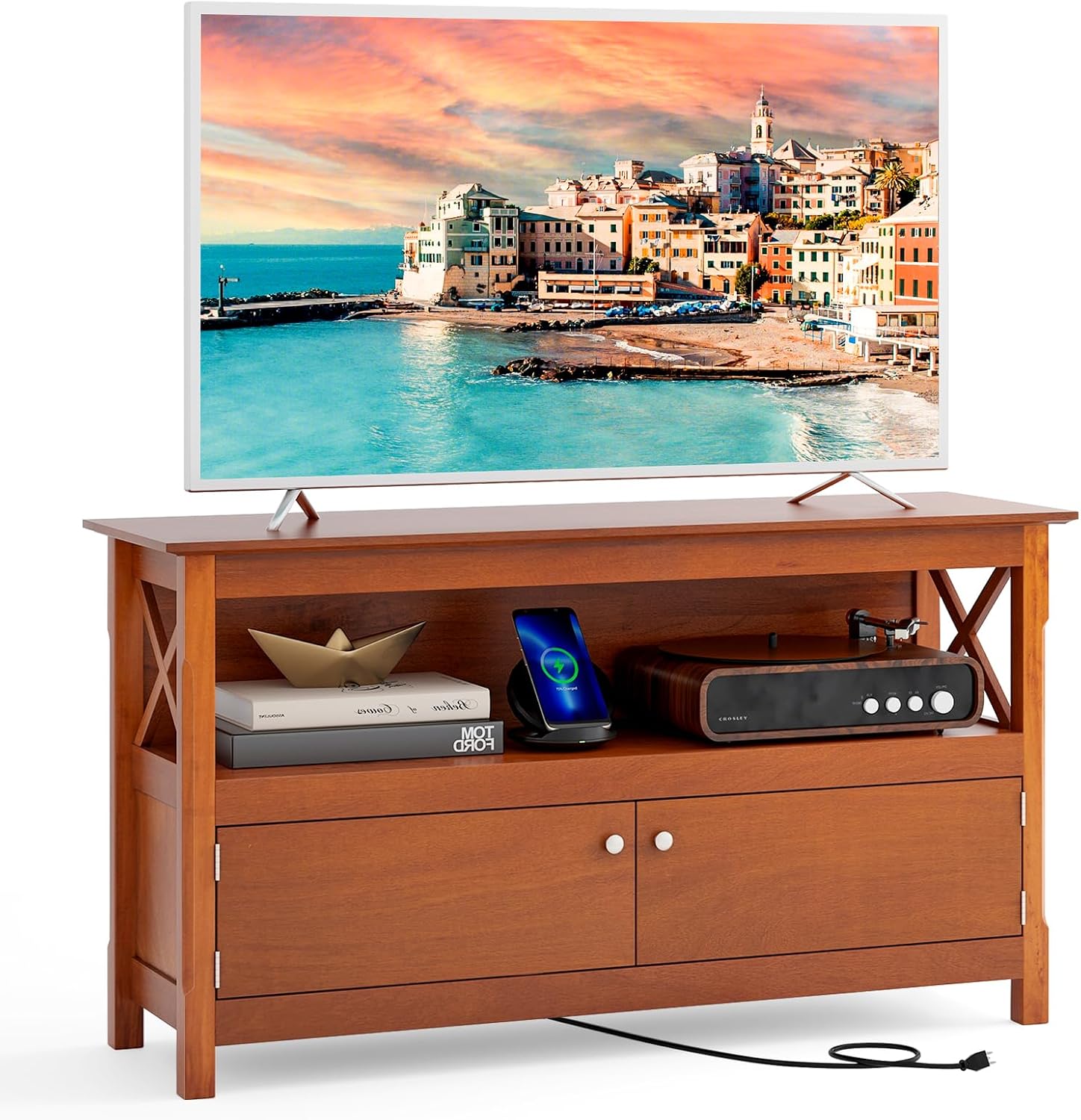 Tangkula Wooden TV Stand for TVs Up to 50 Inch, X Shape Console Storage Cabinet, Entertainment Center with 2 Doors & Shelf, Home Living Room Furniture, Farmhouse TV Storage Console (Coffee)