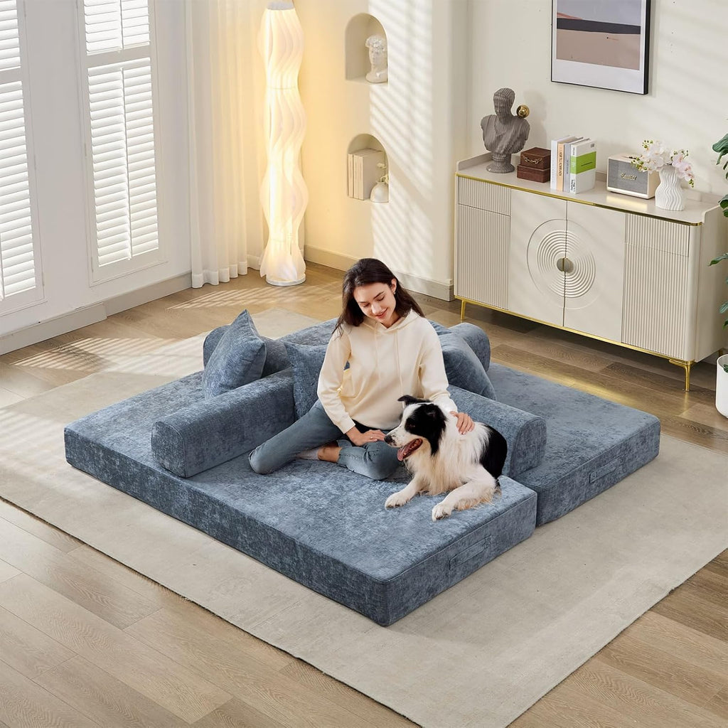 Futon Sofa Bed, Modular Convertible Folding 3 Seater Chenille Foam Floor Loveseat Sleeper Sofa Couch with 3 Pillows, No Assembly Compressed Boneless Couch, for Living Room Bedroom Guest Room, Blue