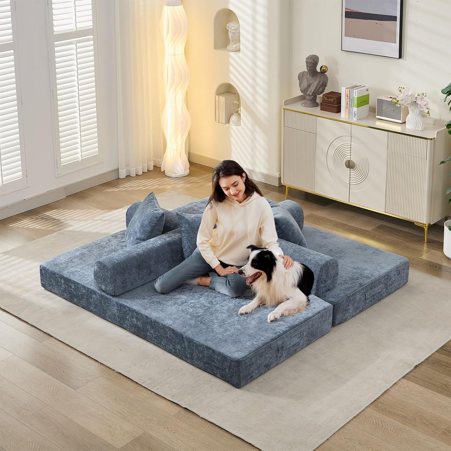 Futon Sofa Bed, Modular Convertible Folding 3 Seater Chenille Foam Floor Loveseat Sleeper Sofa Couch with 3 Pillows, No Assembly Compressed Boneless Couch, for Living Room Bedroom Guest Room, Blue