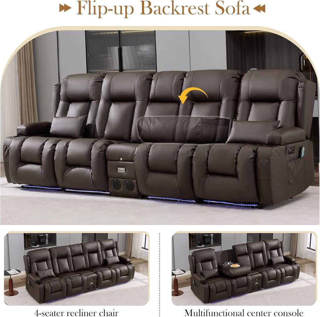 TUNYI Power Loveseat Recliner Sofa with Massage & Heat Home Theater Seating with Console RV Recliner Loveseat Sofa with USB/Storage/Side Pocket/LED Light/Speaker (Brown)