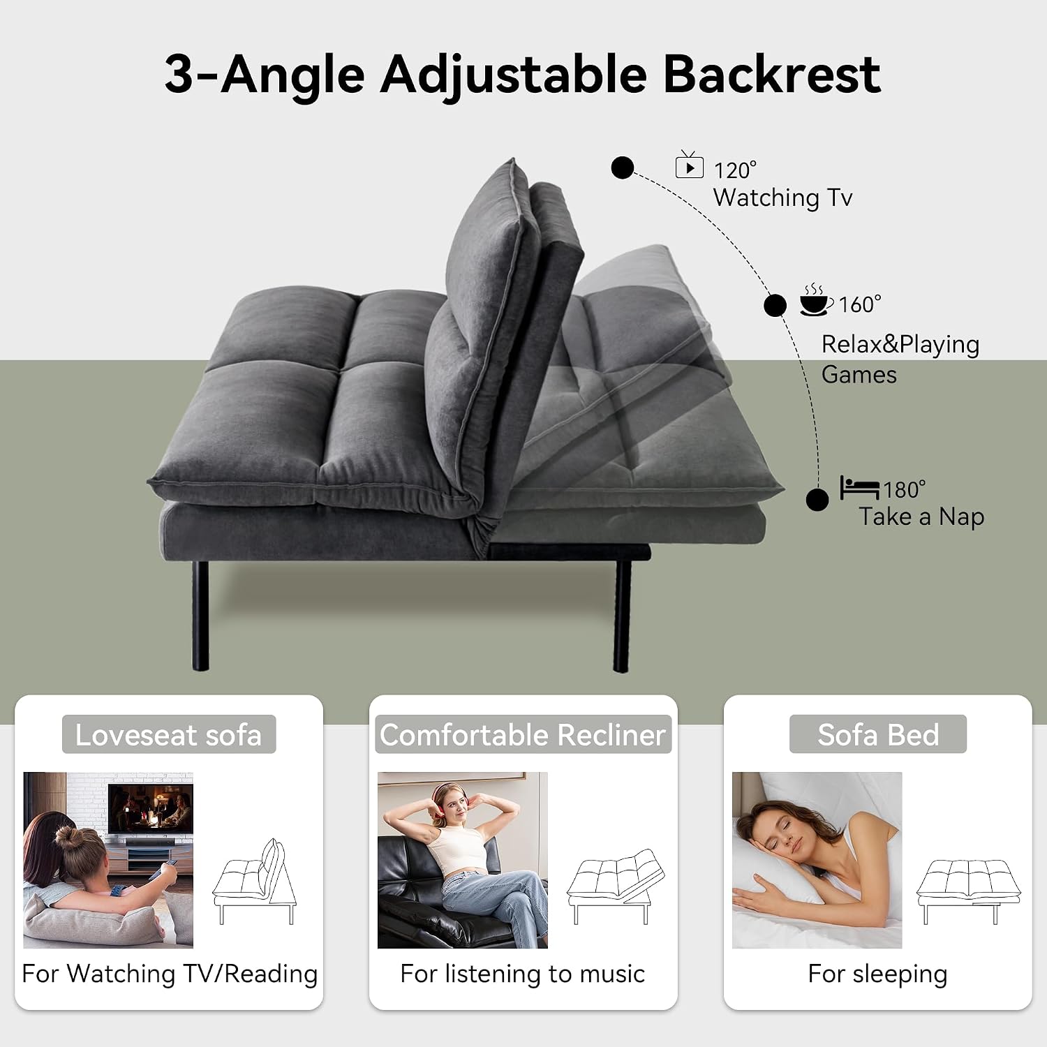 Memory Foam Futon Sofa Bed,Linen Fabric Futon Couch,Convertible Armless Futons,Small Splitback Loveseat Sleeper Sofa Bed for Living Room,Office,Apartment,Pure Black