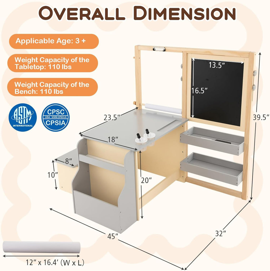 Costzon Easel for Kids, Wooden Art Center with Double-Sided Blackboard & Whiteboard, Paper Roll for Drawing, Crafts, Writing, Toddler Activity Table with Storage, Kids Table and Chair Set (Grey)