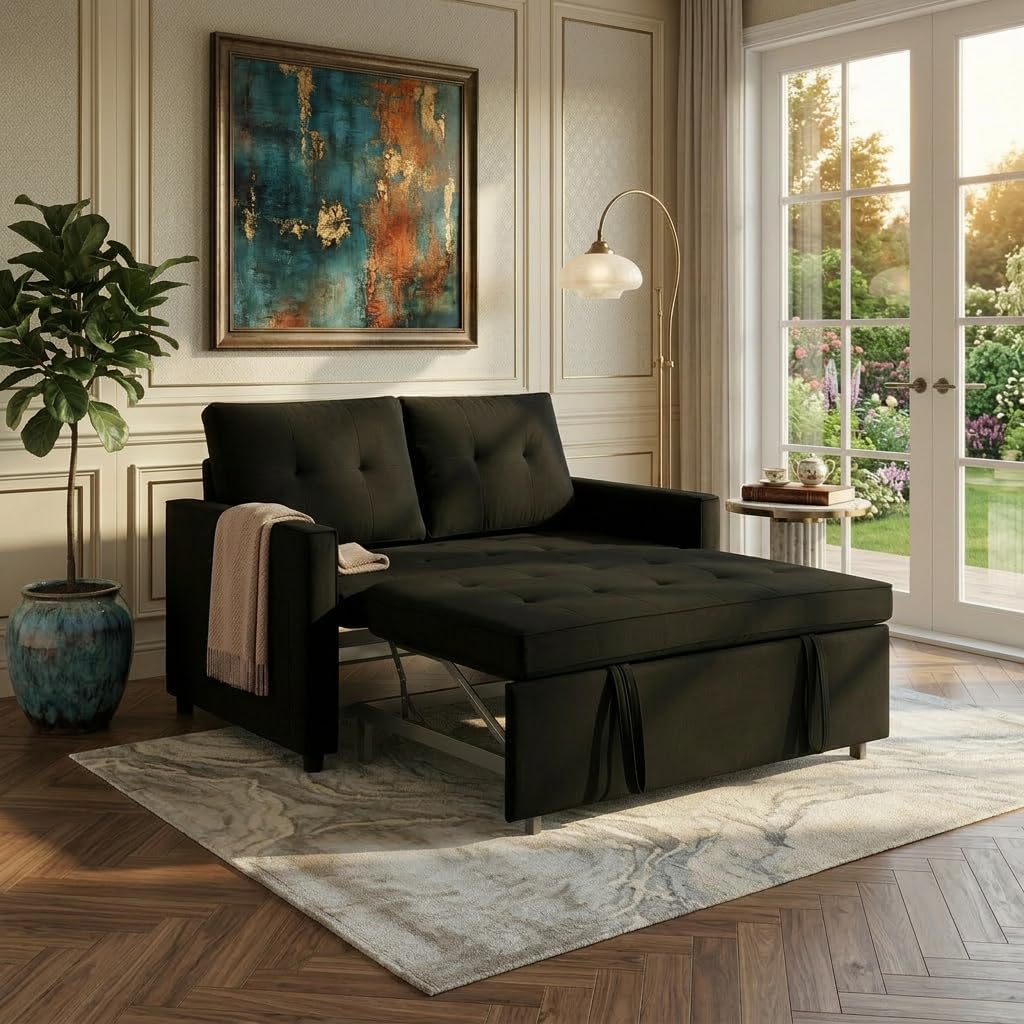 Sofa Bed, Pull Out Couch with Side Pockets, 3 in 1 Velvet Fabric Loveseat Sleeper Sofa Bed, Pull Out Couch with Adjustable Backrest for Living Room, Bedroom, Apartment, Black, 53 Inch