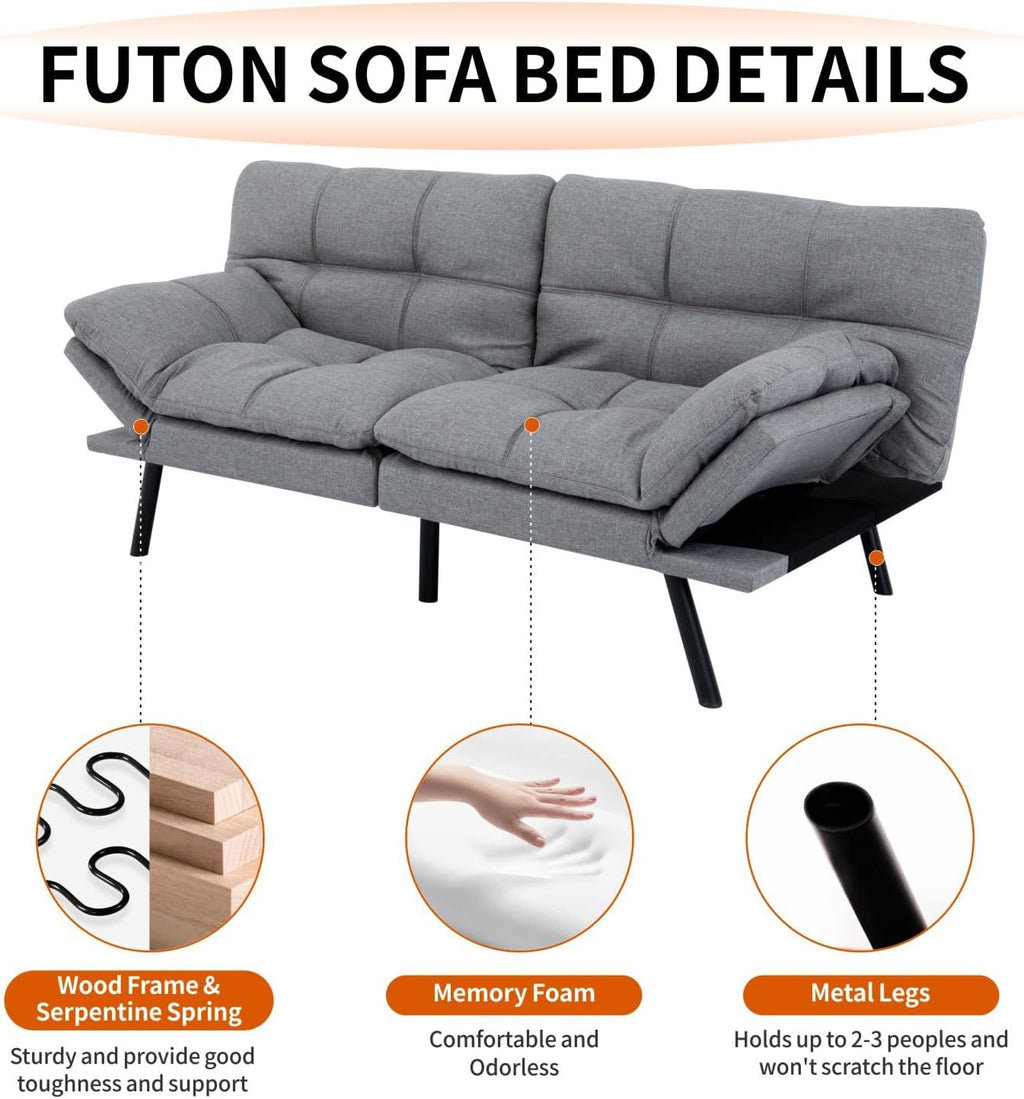 MUUEGM Futon Sofa Bed Modern Memory Foam Futon Couch Sleeper Sofa,Love seat Convertible Sofa with Adjustable Armrest Backrest for Compact Living Spaces,71'' x33''x31.5'',Linen Fabric,Grey