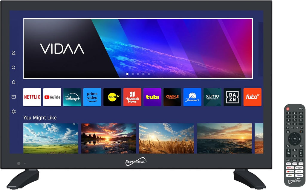 Supersonic SC-1920VTV 18.5inch Smart AC/DC LED TV, Powered by VIDAA, 1080p, WiFi, Built-in Speakers, USB, 3X HDMI ARC, for Kitchen, RV, Boat, Truck, Playroom, Dorm Room, Remote, DC Car Cord Included