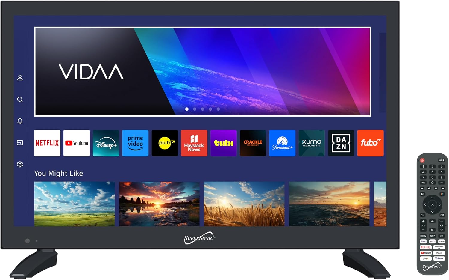 Supersonic SC-1920VTV 18.5inch Smart AC/DC LED TV, Powered by VIDAA, 1080p, WiFi, Built-in Speakers, USB, 3X HDMI ARC, for Kitchen, RV, Boat, Truck, Playroom, Dorm Room, Remote, DC Car Cord Included