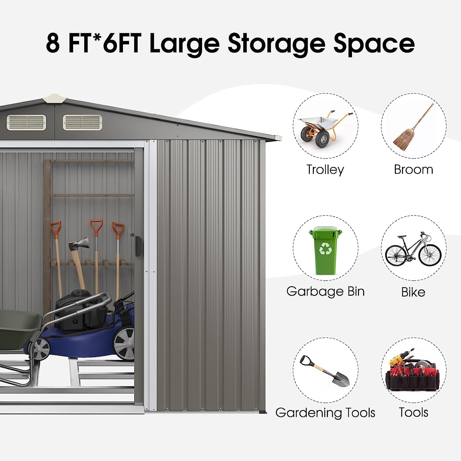Goplus 8.5' x 6.8' x 6' Outdoor Storage Shed, Weather-Resistant Utility Storage House w/Foundation, 4 Air Vents, Double Doors & Ramp, Galvanized Steel Tool Shed for Garden, Lawn, Patio, Yard