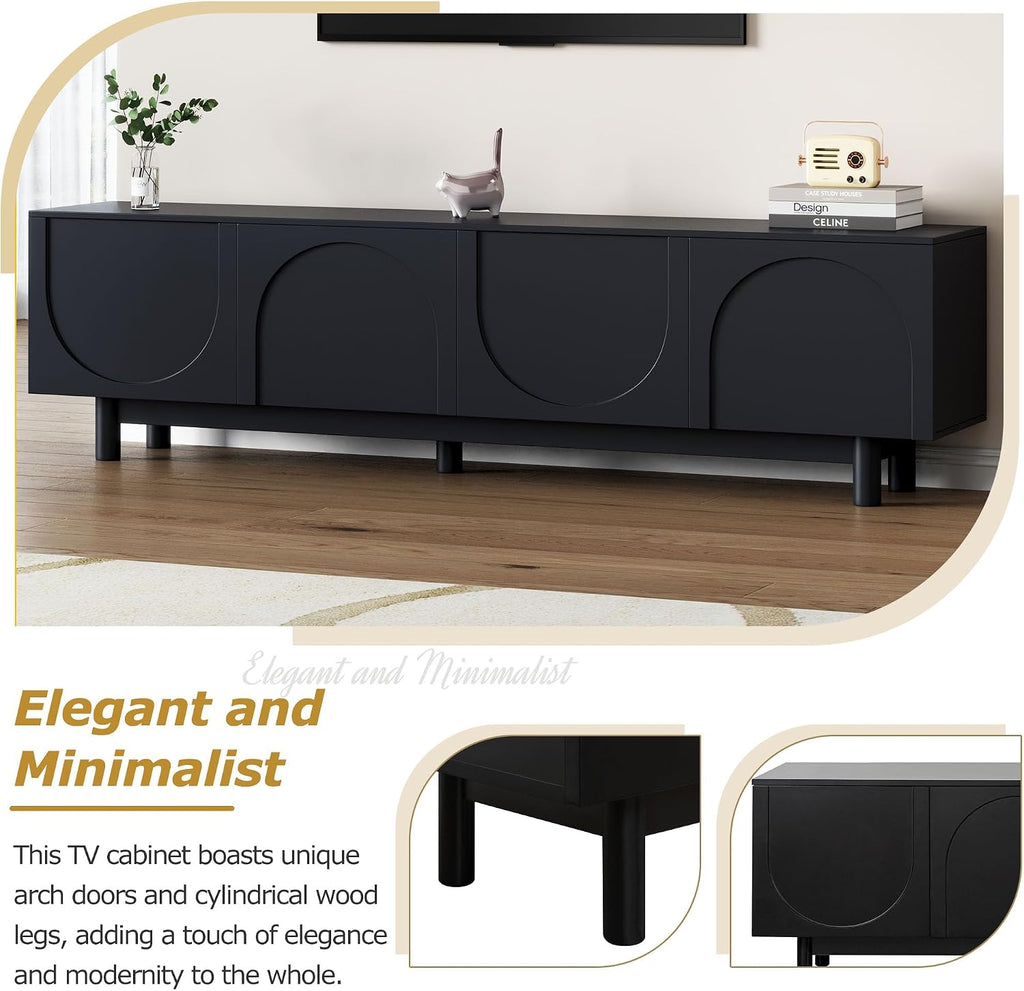 Merax Modern TV Stand with Arch Cabinets, Solid Wood Legs & Adjustable Shelves | Entertainment Center with Cable Management for Living Room, Black