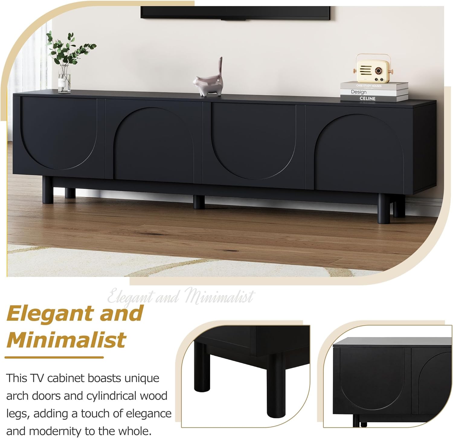 Merax Graceful TV Stand with Arch Cabinets for Televisions Up to 78'', Minimalist Entertainment Center with Solid Wood Legs and Adjustable Shelves, Practical Media Console for Living Room, Black