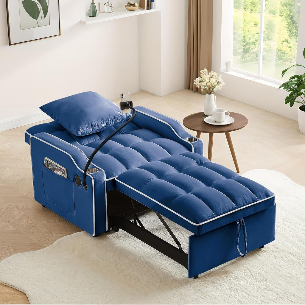 Convertible Single Sleeper Chair Bed,3 in 1 Velvet Futon Sleeper Sofa Bed with USB Ports & Phone Holder,Pull Out Couch Bed,Adjustable Recliner Armchair bed for Living Room,Office,Small Places(Blue)