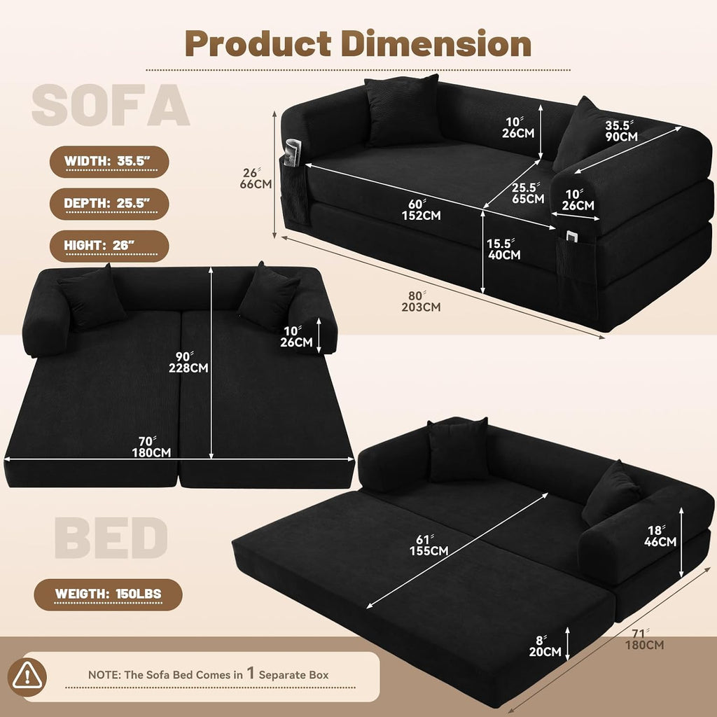 Convertible Futon Sofa Bed,80' Folding Pull Out Couch with Pillows & Storage Pocket (Black, Corduroy-35.5'W)