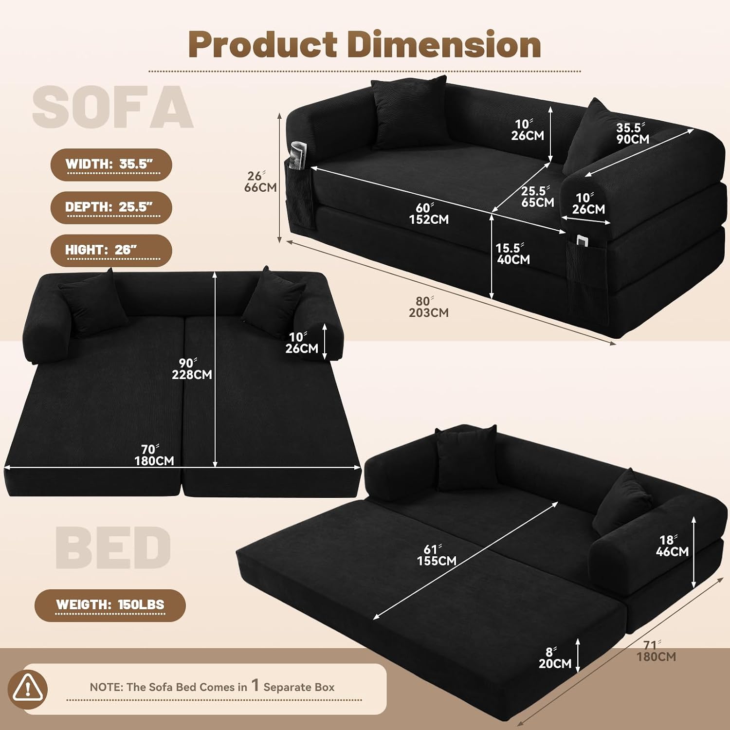 Convertible Futon Sofa Bed,80' Folding Pull Out Couch with Pillows & Storage Pocket (Black, Corduroy-35.5'W)