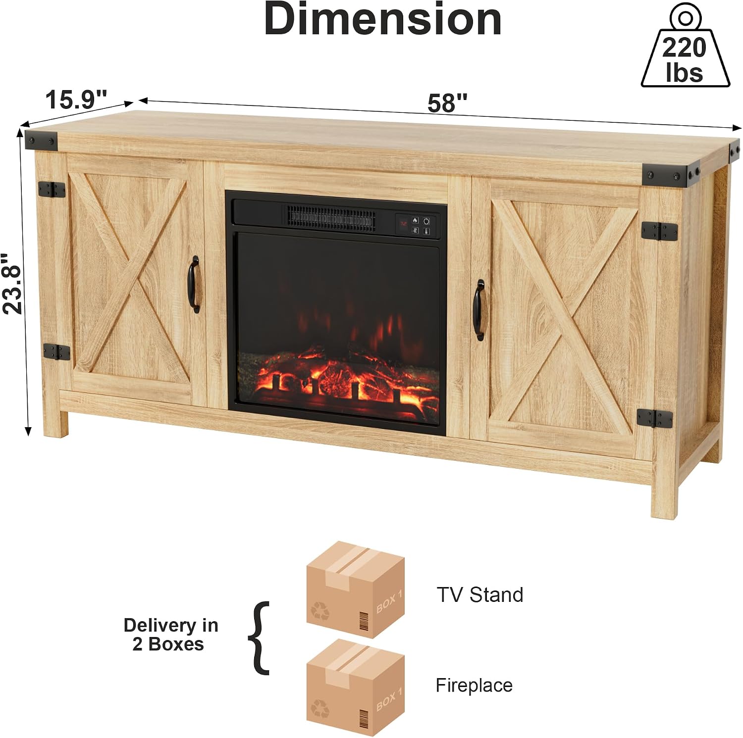 Furmax Fireplace TV Stand for Up to 65 Inches TVs, Farmhouse Entertainment Center with Grooved Barn Doors, Rustic Media Console Table with Storage Cabinets for Living Room (Natural Oak)