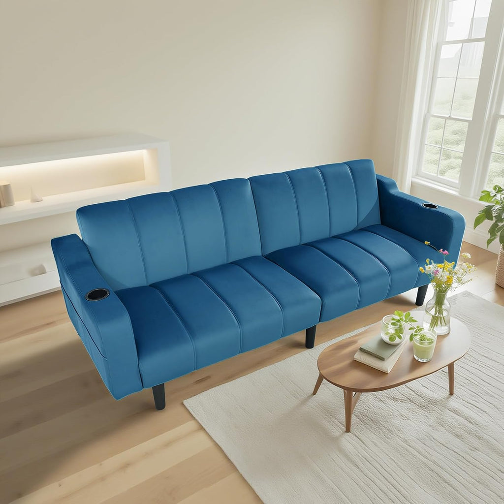80' Velvet Futon Sofa Bed, Convertible Sleeper Loveseat with Cup Holders & Storage Pockets, Mid Century Modern Couch for Living Room, Bedroom, Office, Small Space (Dark Blue)
