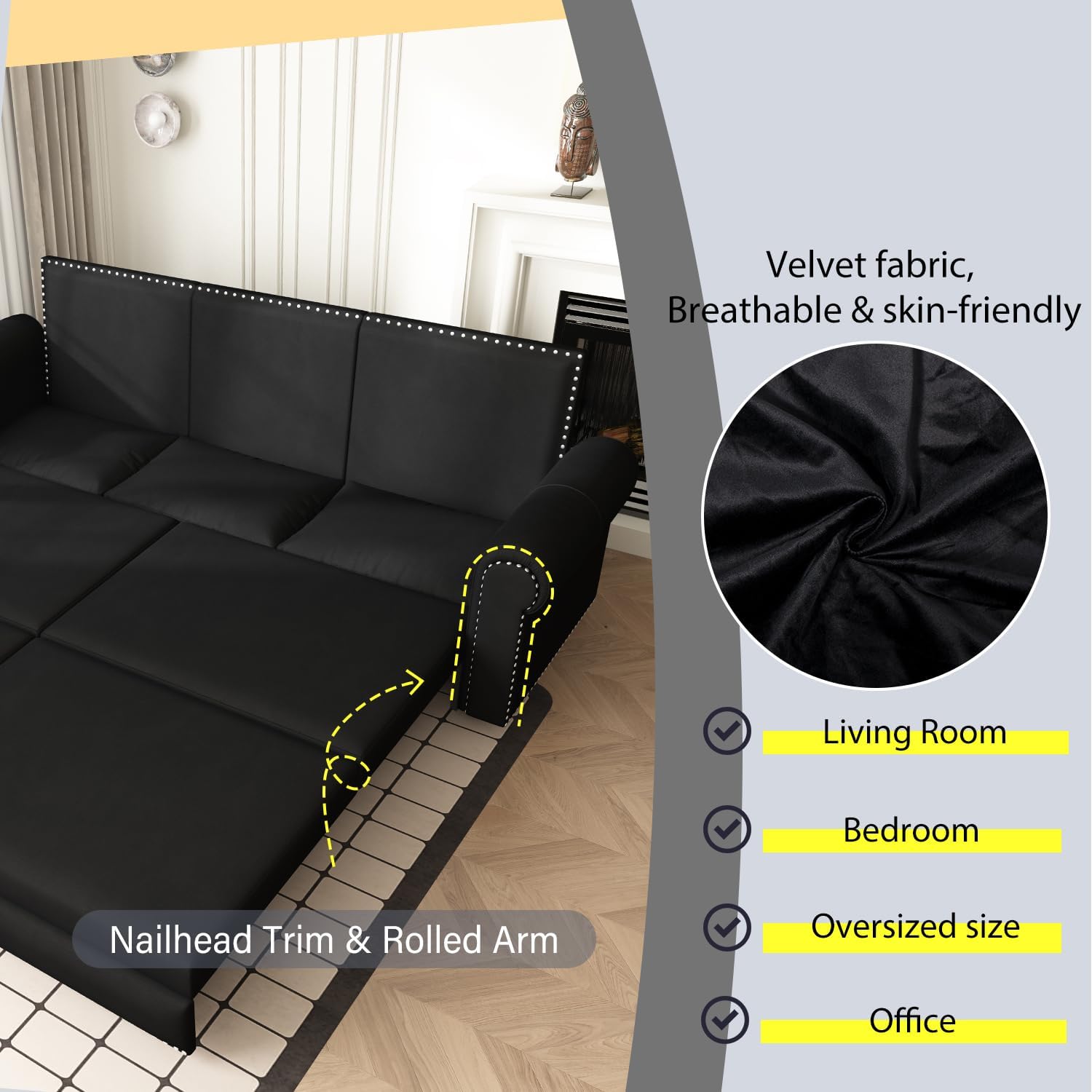 93.7' King Pull Out Sofa Bed, Velvet Sleeper Sofa Couch, 3 in 1 Convertible Futon Couches for Living Room, Small Space, Apartment, Office, Bedroom, Modern Rivet Armrest, Black