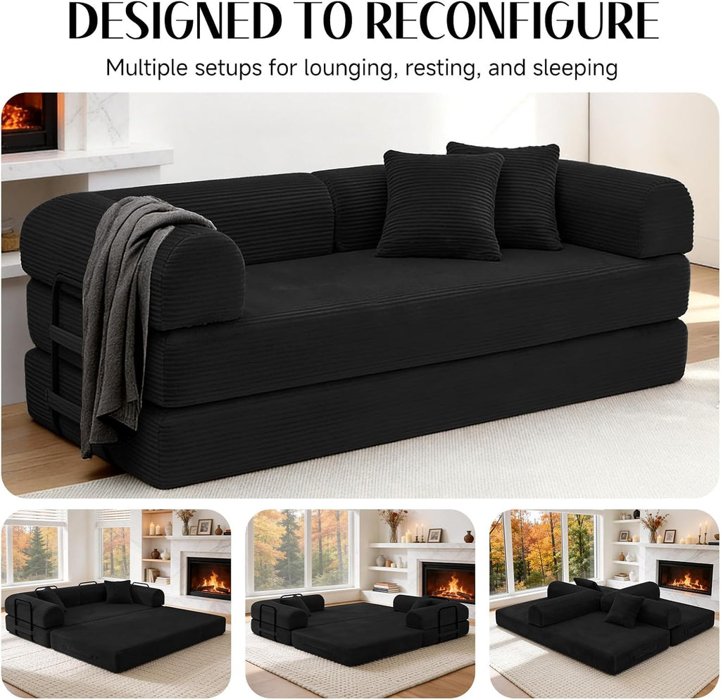 79' Corduroy Sofa Bed, Boneless Couch in a Box with 2 Pillows, High-Density Foam 4-in-1 Foldable Sleeper Futon Loveseat for Small Spaces, No Assembly,Black