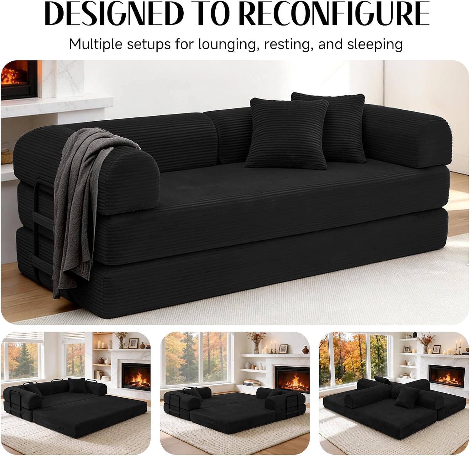 79' Corduroy Sofa Bed, Boneless Couch in a Box with 2 Pillows, High-Density Foam 4-in-1 Foldable Sleeper Futon Loveseat for Small Spaces, No Assembly,Black