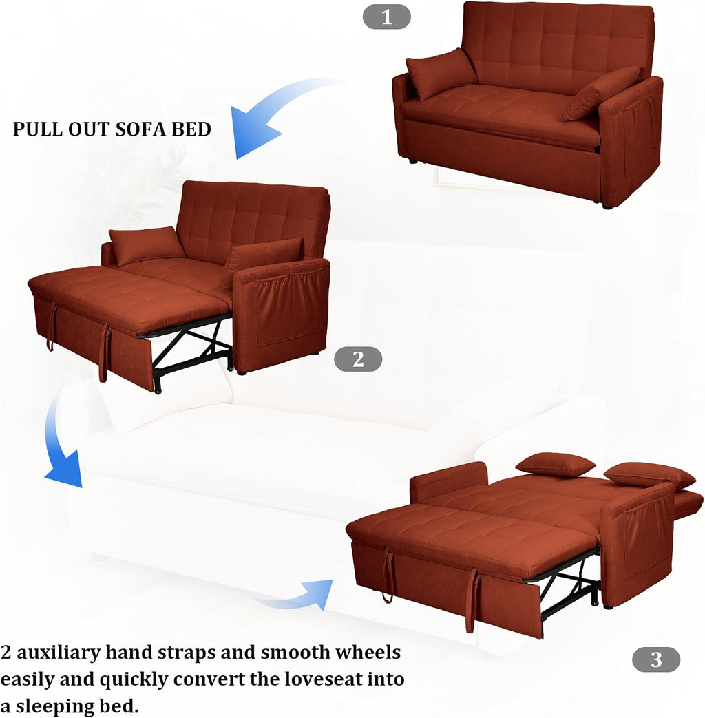 Oversized 3-in-1 Convertible Sleeper Sofa Bed, Futon Couch with Pullout Bed, 2-Seater Loveseat Sofa w/Pockets, Adjustable Backrest and Pillows for Living Room Apartment (Orange-Button Tufted)