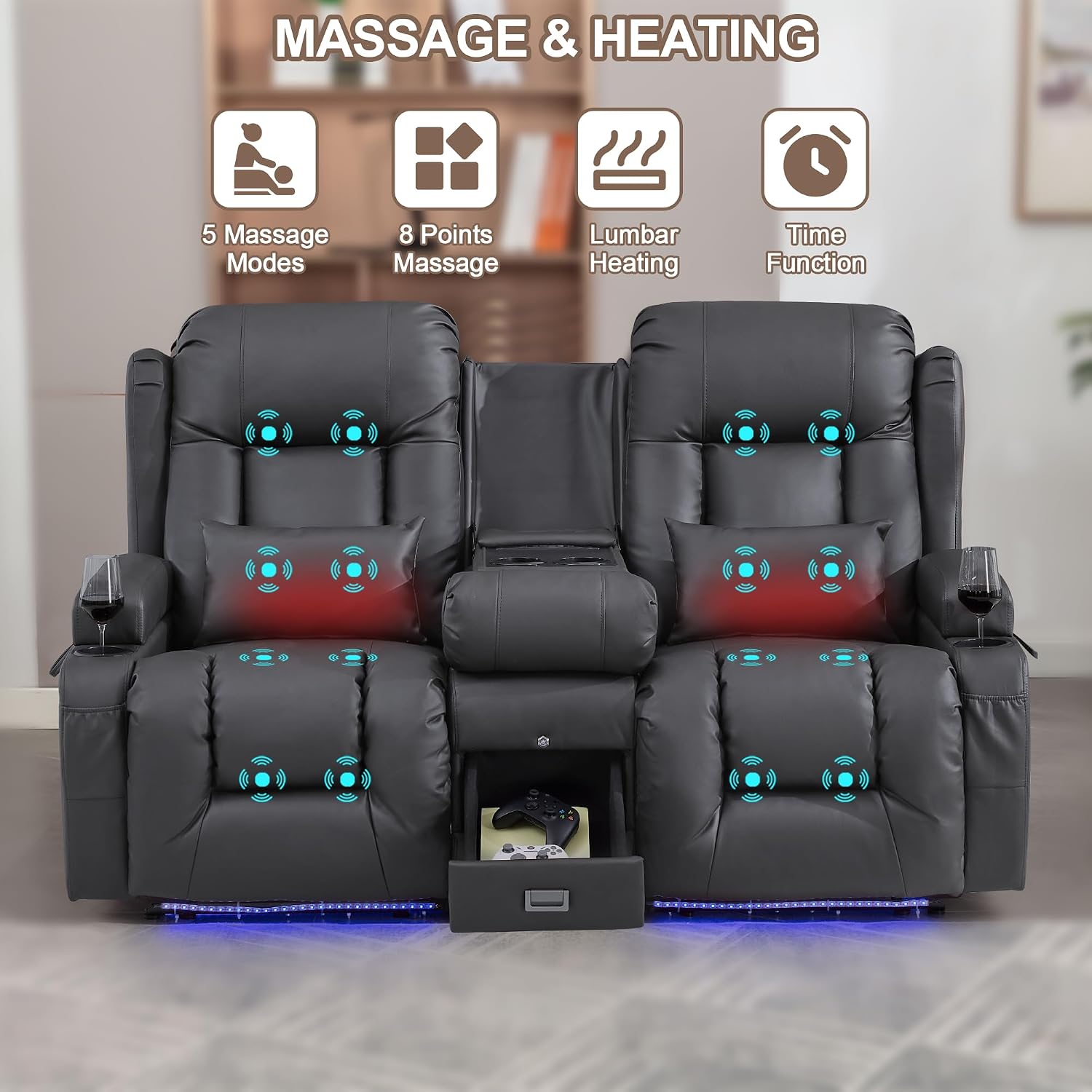 TUNYI Power Loveseat Recliner Sofa with Massage & Heat Home Theater Seating with Console RV Recliner Loveseat Sofa with USB/Storage/Side Pocket/LED Light/Speaker (Warm Grey, Loveseat)