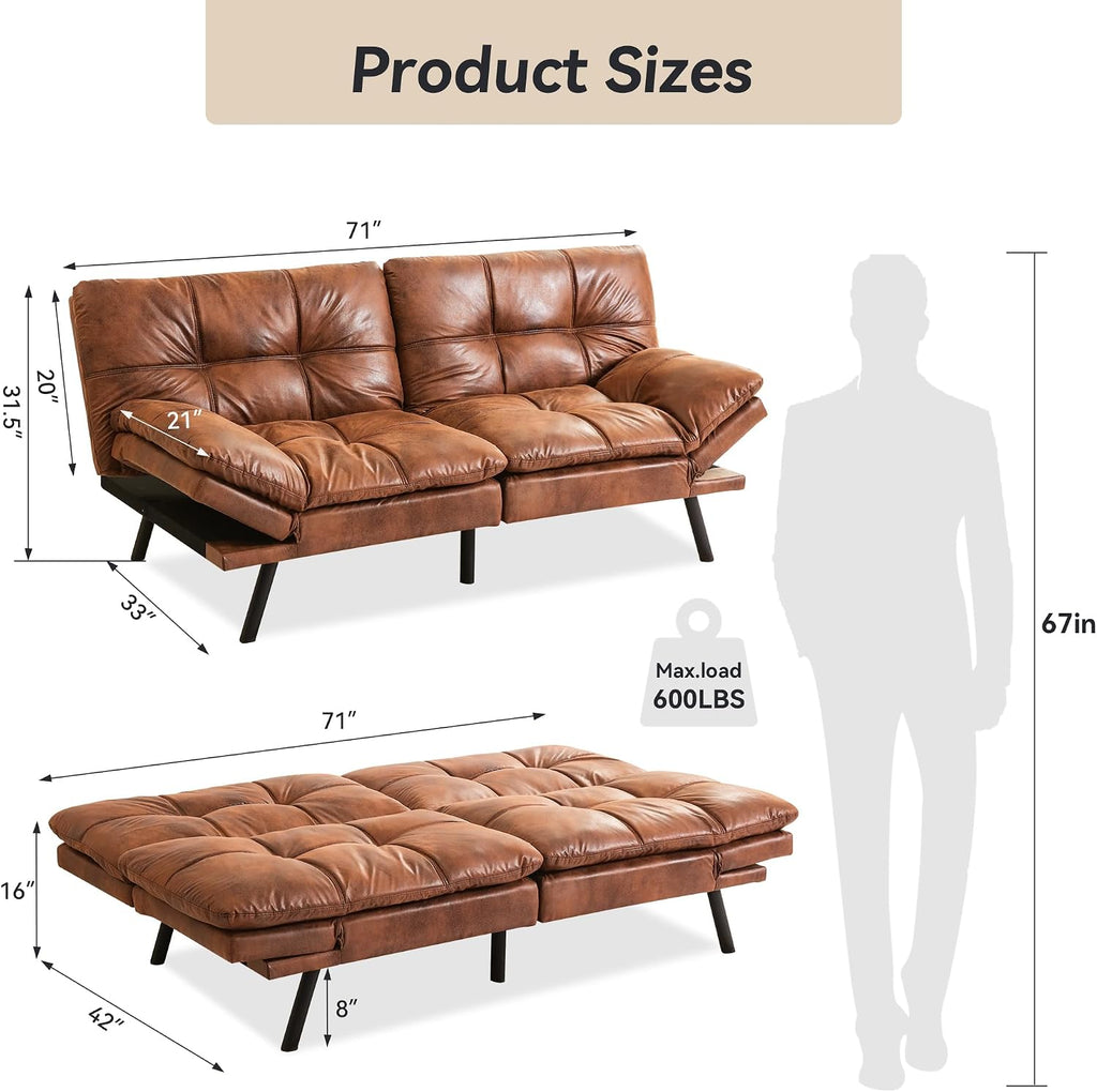 Faux Leather Futon Sofa Bed,Convertible Futon Couch,Memory Foam Loveseat Sleeper Sofa,Small Splitback Modern Folding Couch for Living Room,Office,Apartment,Retro Brown
