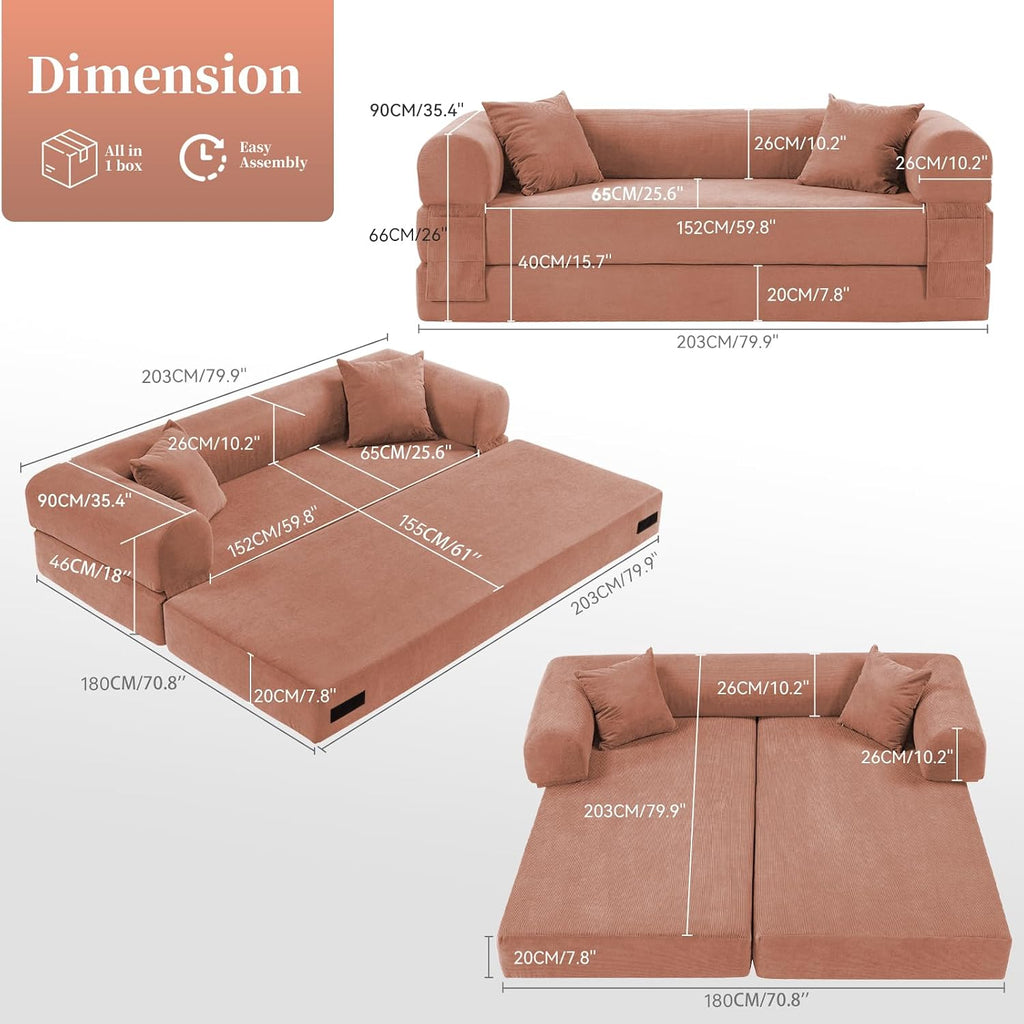 KBQ 3-Seat Convertible Sleeper Sofa Bed with 2 Pillows, Corduroy Folding Mattress Couch, Floor Sofa Lounge Couch for Living Room Bedroom Lounge Studio, Pink