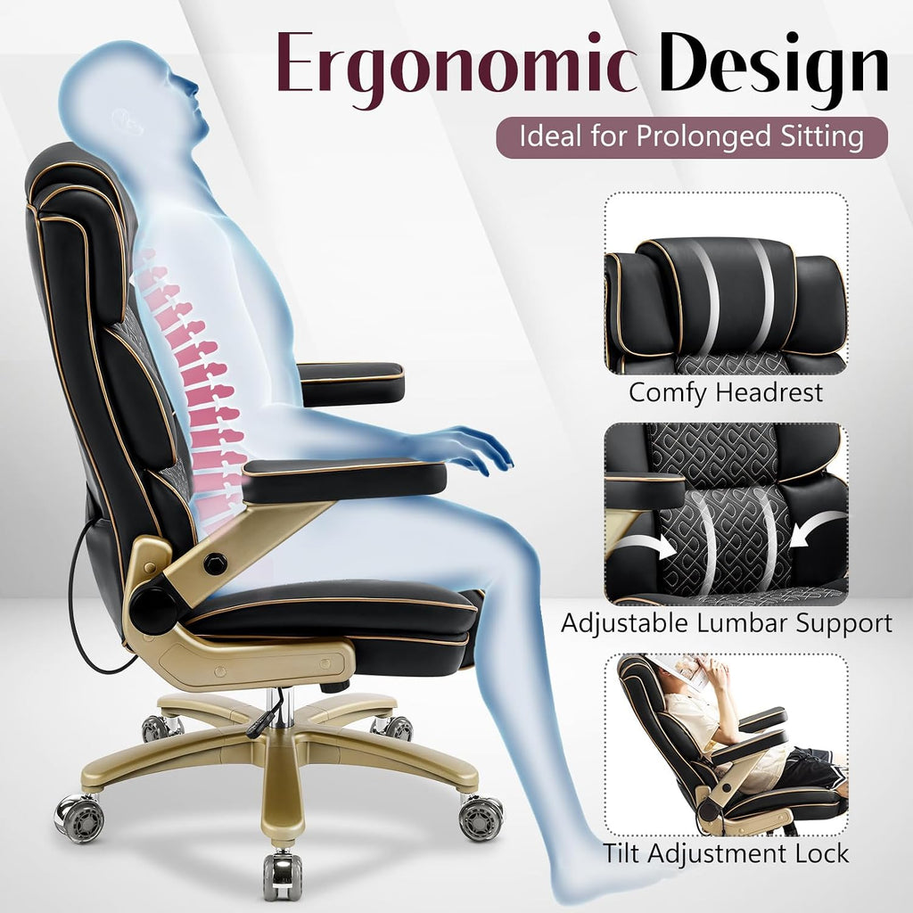 Big and Tall Office Chair 500lbs, Heavy Duty Leather Chair with 5D Armrests Comfortable Seat, High Back Executive Office Chair with Adjustable Lumbar, Large Computer Chair for Home Office, Black