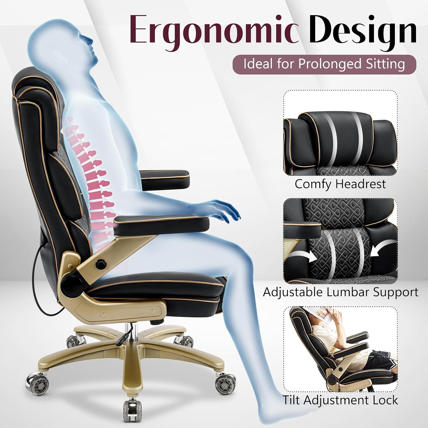 Big and Tall Office Chair 500lbs, Heavy Duty Leather Chair with 5D Armrests Comfortable Seat, High Back Executive Office Chair with Adjustable Lumbar, Large Computer Chair for Home Office, Black