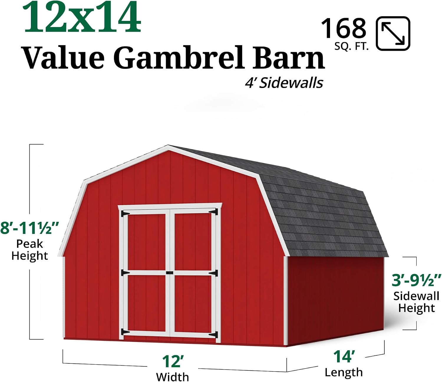 Little Cottage Co. 12x14 Value Gambrel Barn with 4 ft. Sidewalls with Floor, Outdoor Wood Storage Shed Do-It-Yourself Precut Kit