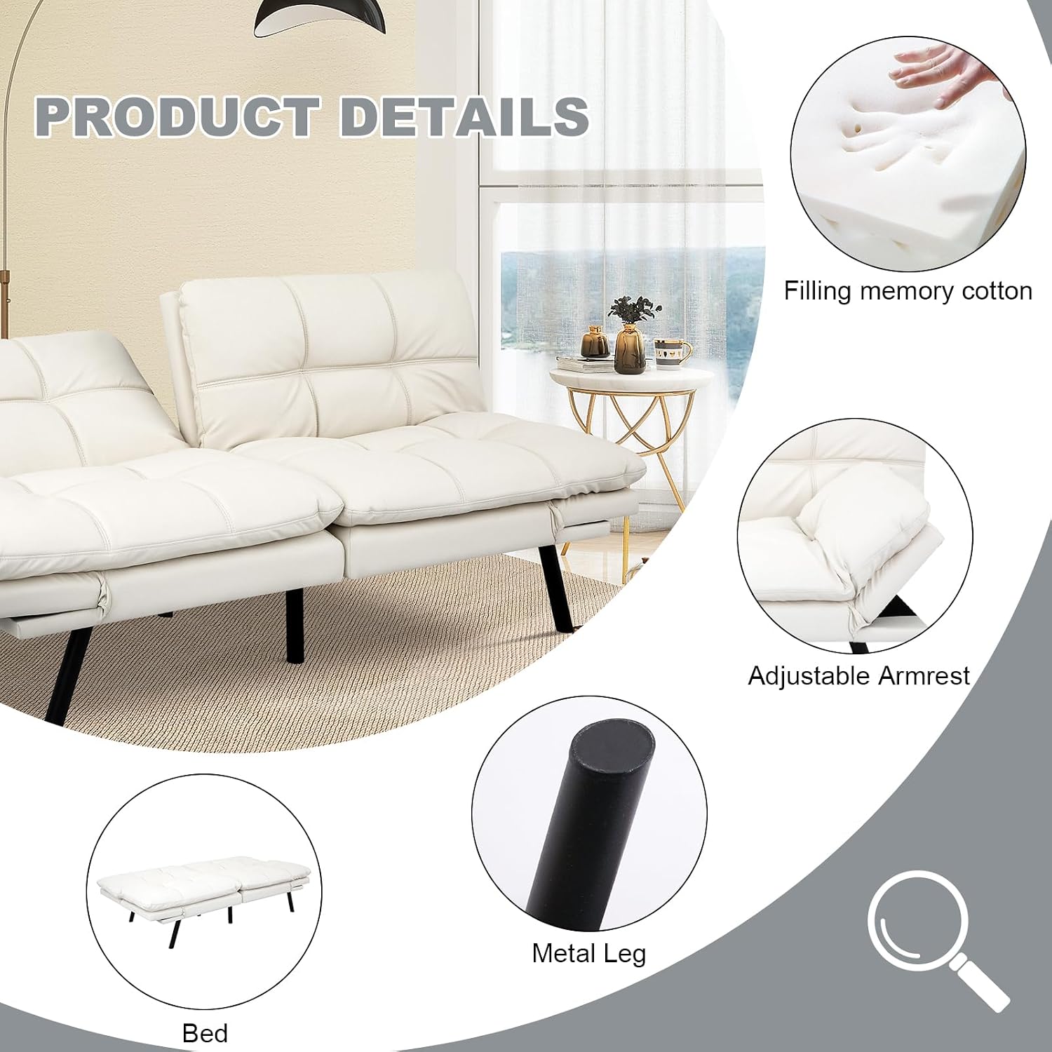 MUUEGM Futon Sofa Bed Convertible Couch,Memory Foam Futon Sofa Couch,Sleeper Futons Sofa Couches,Small Splitback Modern Loveseat Sofa Bed for Living Room,Office,Apartment,Faux Leather,White.
