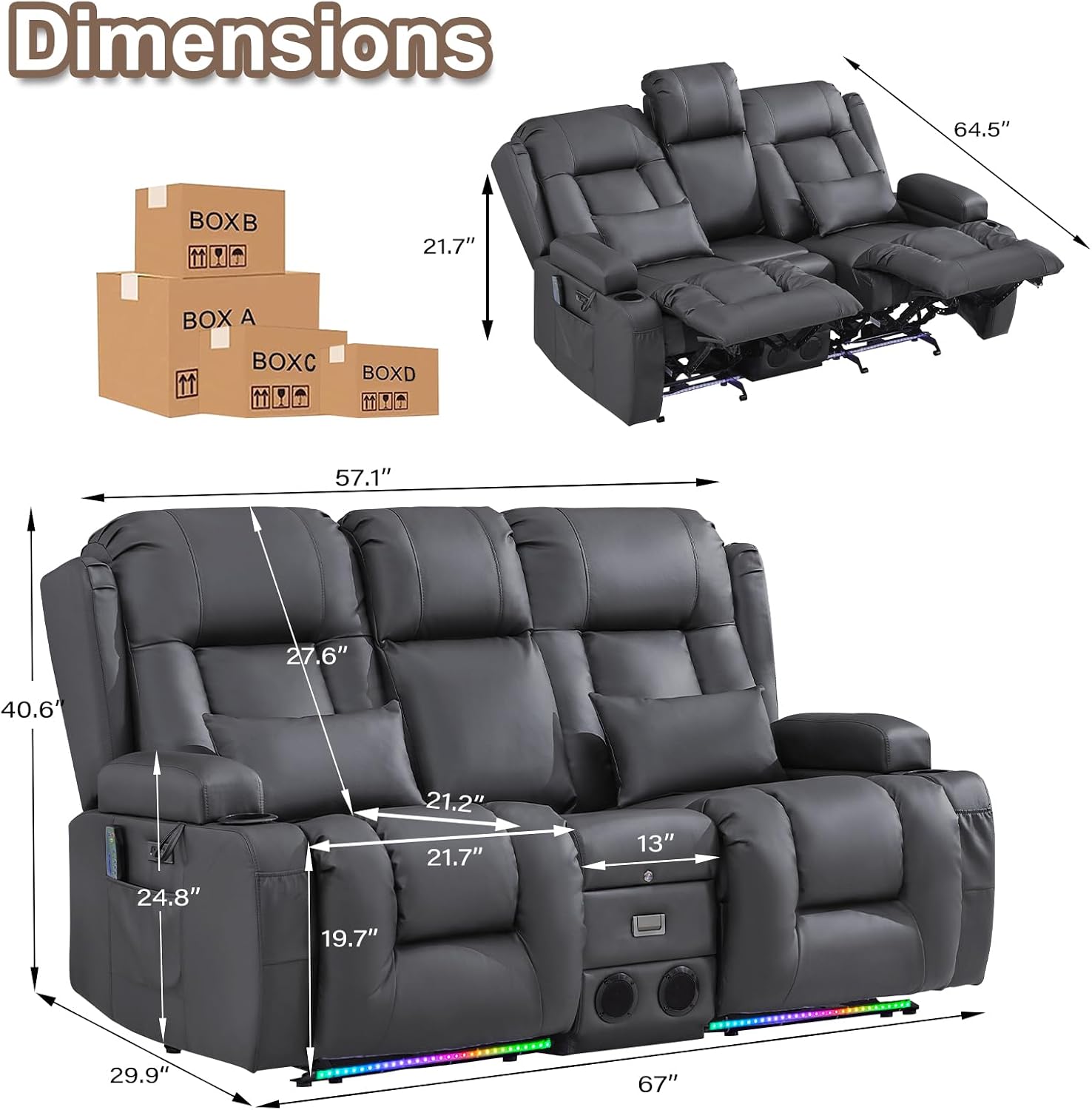 TUNYI Power Loveseat Recliner Sofa with Massage & Heat Home Theater Seating with Console RV Recliner Loveseat Sofa with USB/Storage/Side Pocket/LED Light/Speaker (Warm Grey, Loveseat)