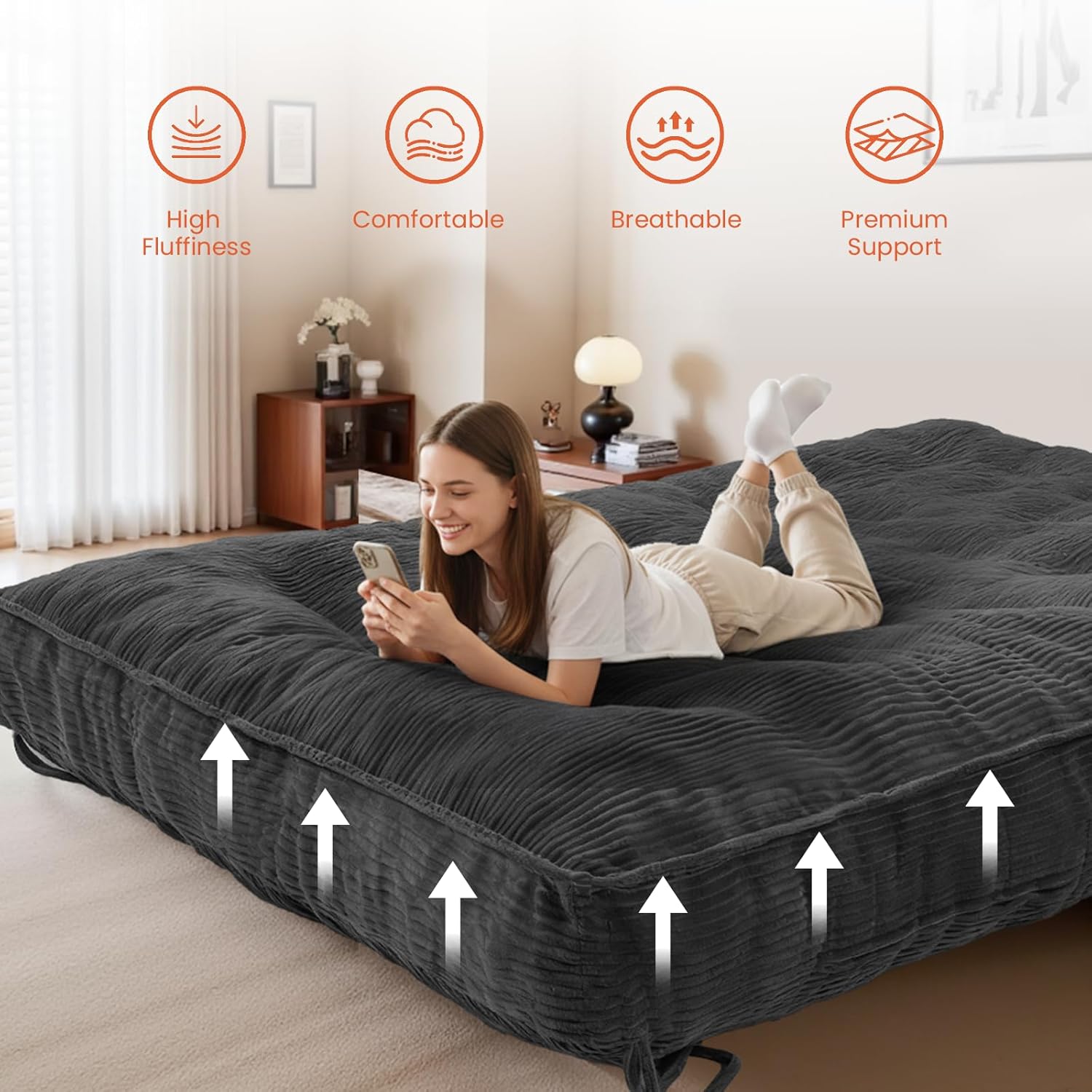 8' Futon Mattress Full Size, Futons Sofa Bed Sleeper Couch Bed, Roll Up Mattress with Shredded Foam & 2 Straps for Storage, Futon Floor Mattress for Living Room, Corduroy (Frame Not Included)