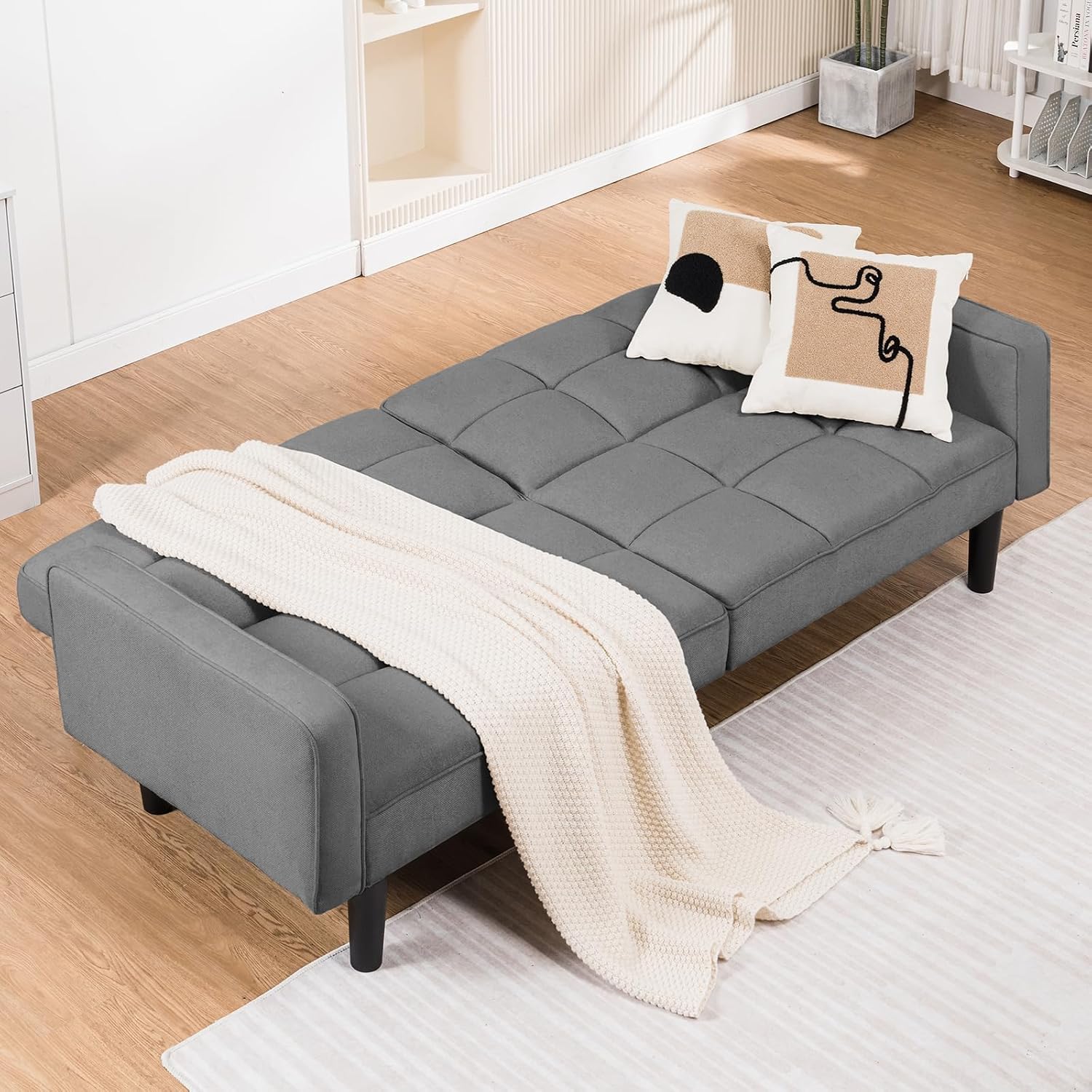 COMHOMA 76 inch Futon Sofa Bed, Mid Century Modern Futon Couch with Adjustable Backrest, Fabric Convertible Sofa Cama, Folding Sleeper Sofa for Living Room, Bedroom, Dark Gray