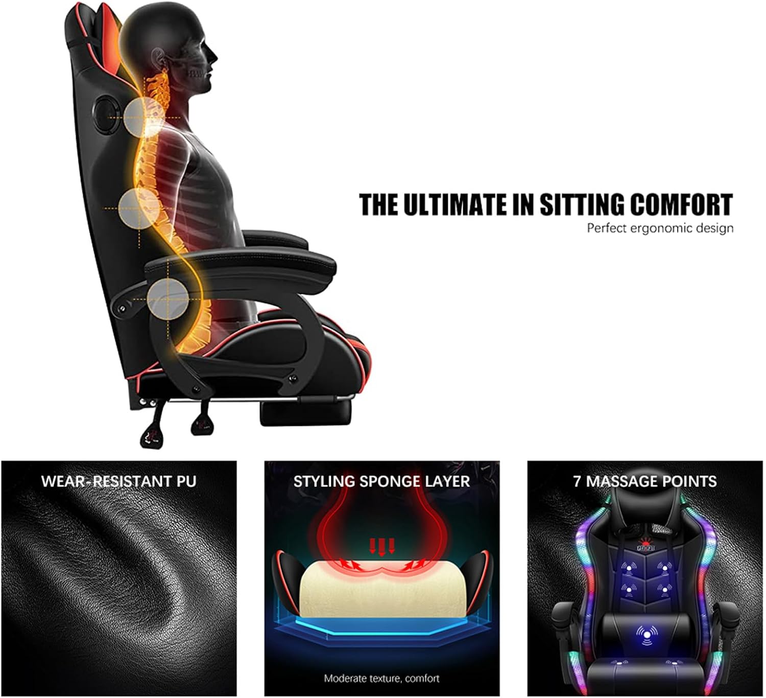 Ergonomic RGB Gaming Chair with Massage, Adjustable Footrest, and Built-in Speakers,Swivel Reclining PU Leather Design with Lumbar Support - Ultimate High-Back Racing Gaming Chair.,Black