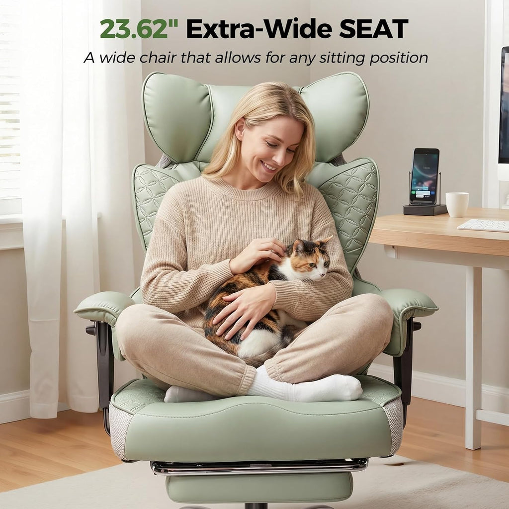 GTPOFFICE Big and Tall Office Chair 400LBS Wide Seat Computer Gaming Chair with Footrest & Comfy Lumbar Support, Leather High Back Executive Chair with Ergonomic Pressure Relief Seat Cushion, Green