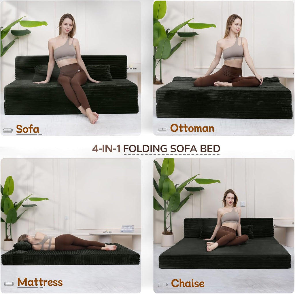 Fvkind Folding Sofa Bed Queen Size, Convertible Sleeper Chair Loveseat with Pillow, Futon Chair Sofa Bed, Fold Out Floor Couch, Foldable Mattress for Living Bedroom Guest Room Dorm, Charcoal Moss Grey