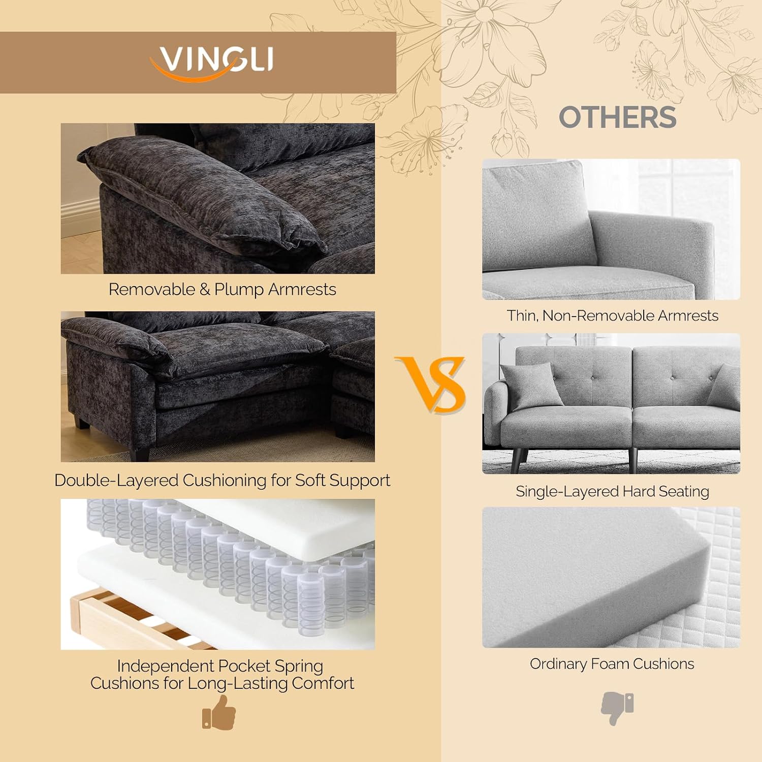 VINGLI 87' Convertible Sectional Sofa,L-Shape Deep Seat Sofa Couch for Living Room,Modern Chenille 2 Seat Loveseat Sofa with Ottoman for Small Space(Black, 87')
