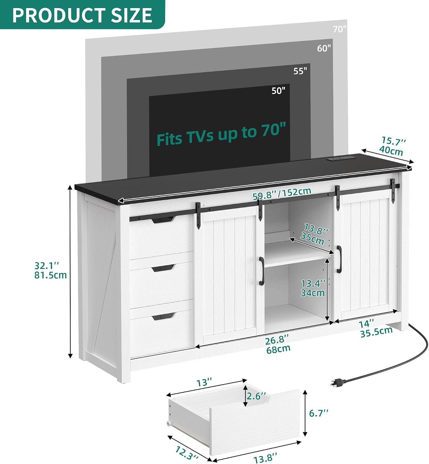 YITAHOME Farmhouse TV Stand for 65/55 Inch TV with Power Outlets & 6 Drawers, Entertainment Center with Sliding Barn Door and Adjustable Shelf, TV Media Console Storage Cabinet for Living Room, White