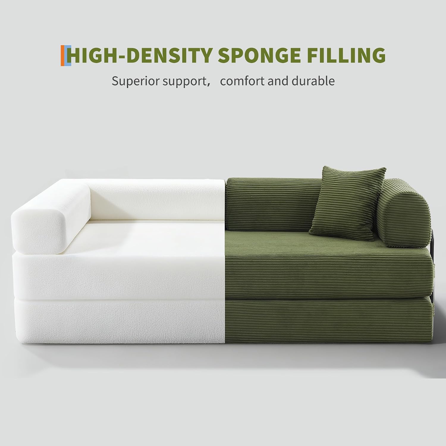 IDEALHOUSE 4 in 1 Convertible Sleeper Sofa Bed Couch, 79 Inch Boneless Corduroy Floor Couch with Pillows, No Assembly, Modern Deep Seat Sofa Futon Mattress for Living Room,Apartment,Green