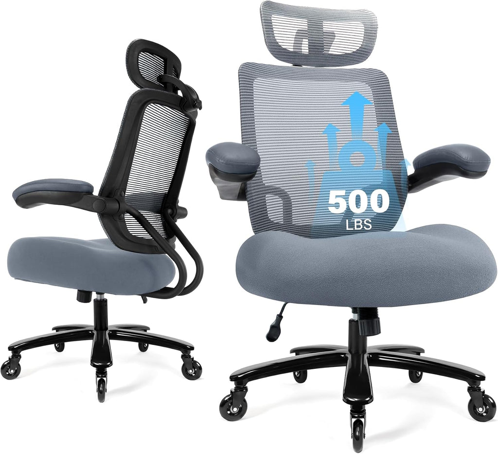 500lbs Big and Tall Office Chair - Heavy Duty Mesh Ergonomic Desk Chair with Headrest, High Back Computer Chair - Flip-up Armrests, Wide Thick Seat Cushion, Quiet Wheels, Grey