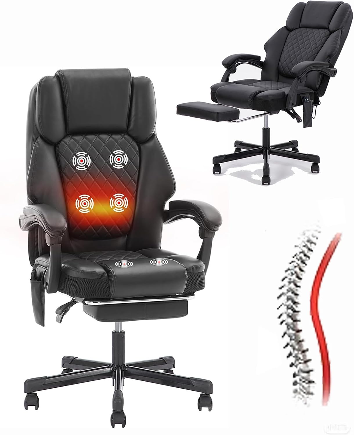 High-Performance Black Massage Office Chair Extendable Footrest + 6-Zone Vibration Heating 400lbs Heavy-Duty Recliner Ergonomic Executive Managerial Chair for Home Office Black