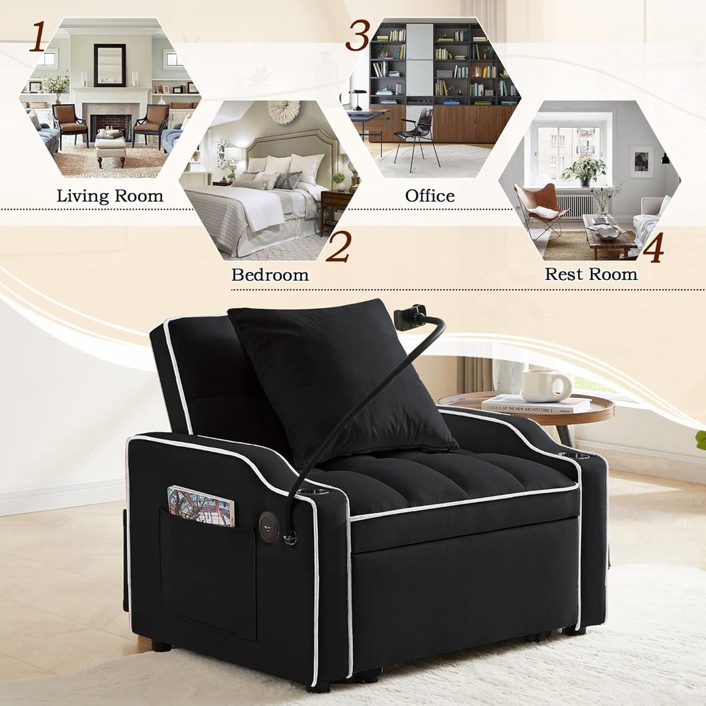 3-in-1 Convertible Sleeper Sofa Bed Chair with Cup Holders & Phone Holder, Futon Chair Bed with Pull Out Couch Adjustable Backrest, Modern Velvet Chaise Lounge for Living Room Bedroom (Black, 35.43')