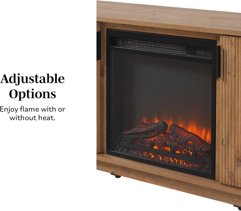 Walker Edison Arundo Reeded TV Stand with Fireplace & Storage, 70' Fireplace, English Oak