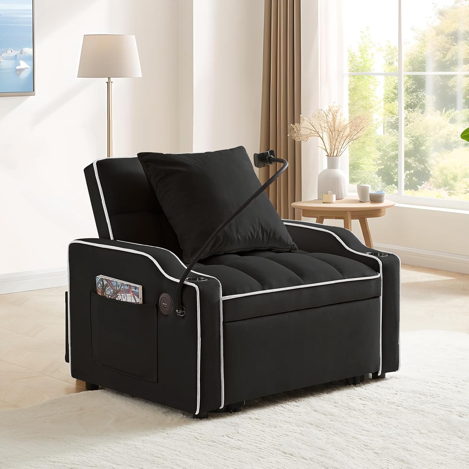 Convertible Sleeper Sofa Chair Bed, 3 in 1 Velvet Single Small Futon Sofa Bed with Phone Holder & USB Ports,Pull Out Couch Recliner with Adjustable Backrest for Living Room, Office, Small Place(Black)